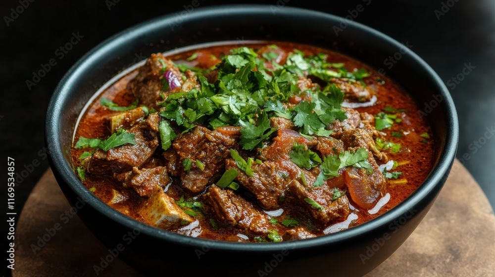 Delicious mexican birria stew simmering in a bowl Delicious mexican birria stew simmering in a bowl