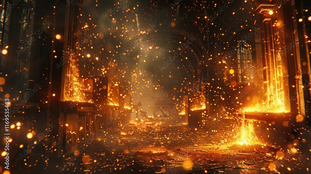 Fototapeta premium Blacksmith shaping metal in a forge with glowing sparks flying in the air