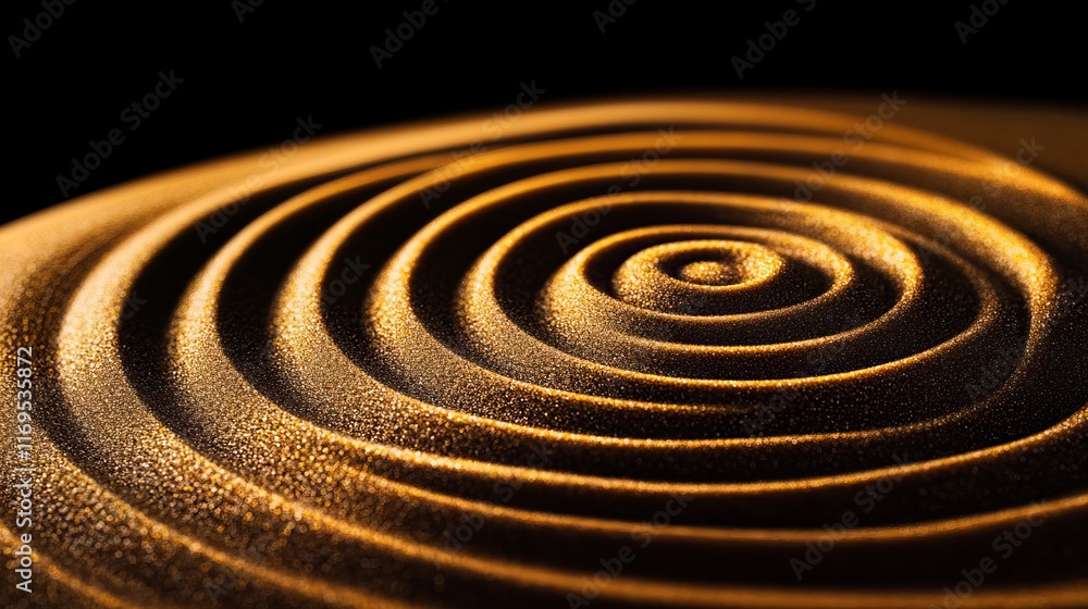 Fototapeta premium Golden ripples in the sand create a mesmerizing pattern. The warm light highlights the texture and depth of the concentric circles.