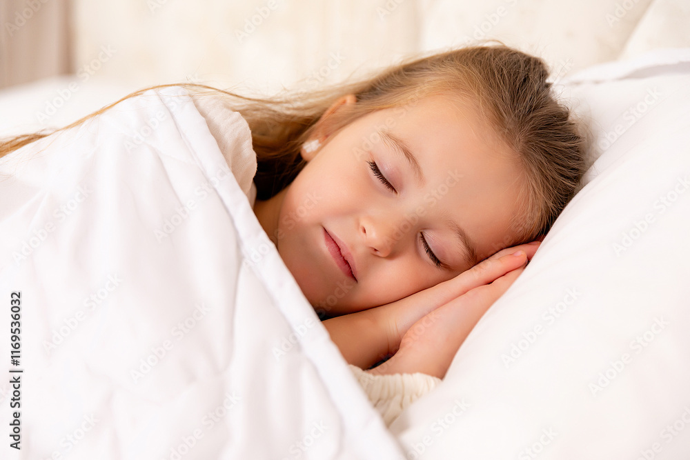 Cute little girl sleeping in bed. Little blonde girl sleeps sweetly in bed with white linen. space for text. healthy baby's sleep. High quality photo Cute little girl sleeping in bed. Little blonde girl sleeps sweetly in bed with white linen. space for text. healthy baby's sleep. High quality photo