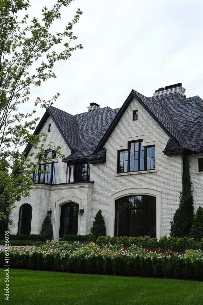Large elegant residential house with well-maintained garden and lush green lawn located in a suburban area during cloudy weather Large elegant residential house with well-maintained garden and lush green lawn located in a suburban area during cloudy weather