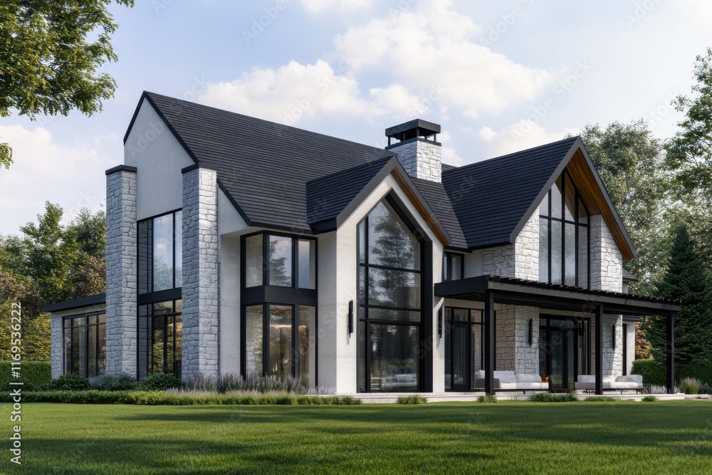 Modern house design featuring large glass windows and a stone exterior, set against a lush green landscape in bright daylight Modern house design featuring large glass windows and a stone exterior, set against a lush green landscape in bright daylight