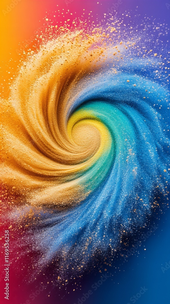 Fototapeta premium A mesmerizing swirl of vibrant gold and blue hues explodes against a rich, colorful backdrop. This dynamic, abstract image evokes a sense of energy and movement.