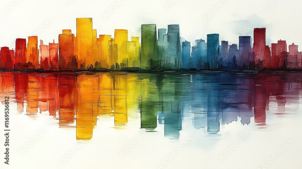 Obraz premium Rainbow cityscape reflected in water.