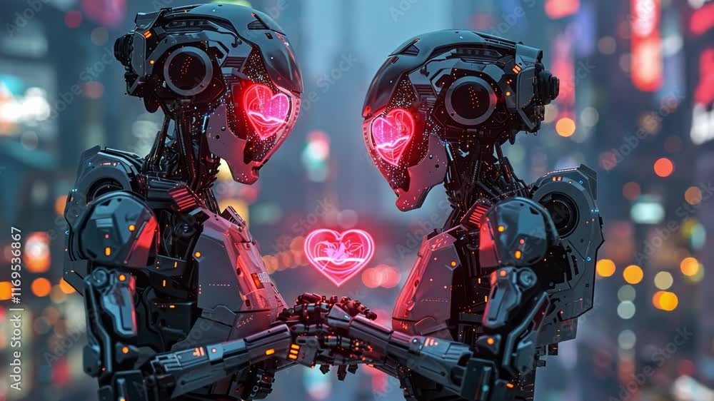 In a bustling, neon-lit metropolis, two robots face each other, holding a glowing heart symbol between them. Their intricate designs emphasize a blend of technology and emotion, celebrating love. In a bustling, neon-lit metropolis, two robots face each other, holding a glowing heart symbol between them. Their intricate designs emphasize a blend of technology and emotion, celebrating love.