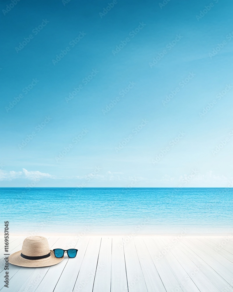 Obraz premium Tropical Beach Scene with Sunhat and Sunglasses
