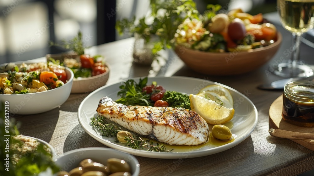 Grilled fish, lemon, herbs, and various salads. Grilled fish, lemon, herbs, and various salads.