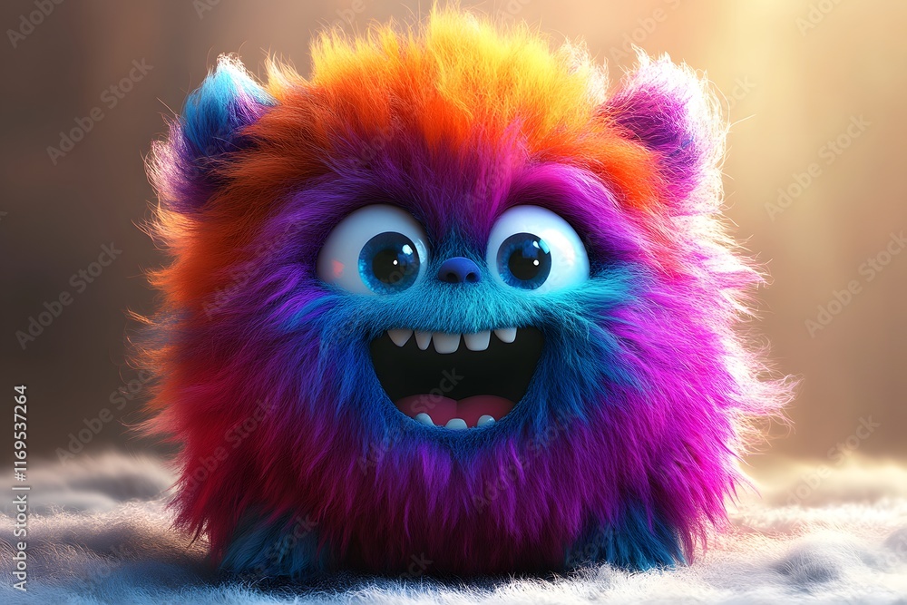 Fototapeta premium Whimsical Rainbow Fluff Monster in 3D