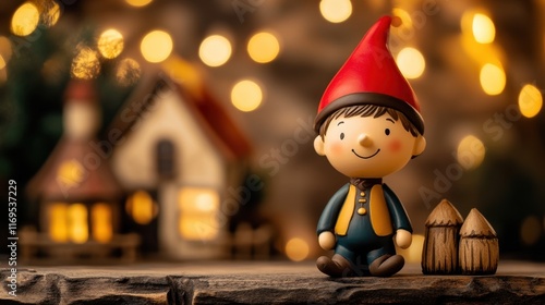 Festive gnome figurine with cozy house and warm lights in background Yodel For Your Neighbors Day photo