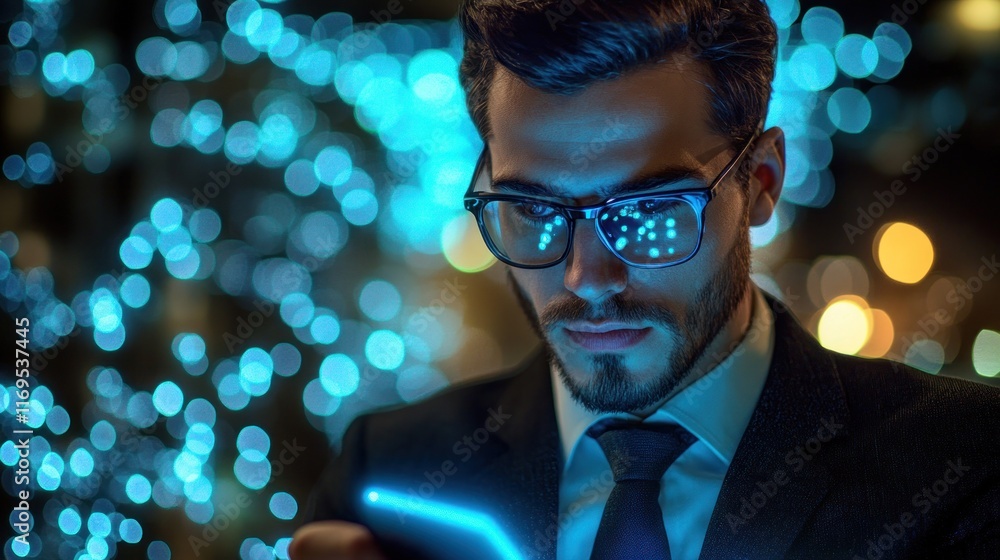 Man in Suit Using Futuristic Technology at Night Man in Suit Using Futuristic Technology at Night