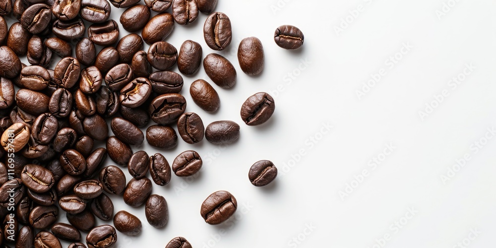 Obraz premium Scattered coffee beans create an inviting texture on a clean white surface