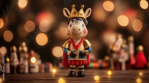 Festive toy horse prince with golden crown and red cape amidst glowing lights International Zebra Day photo