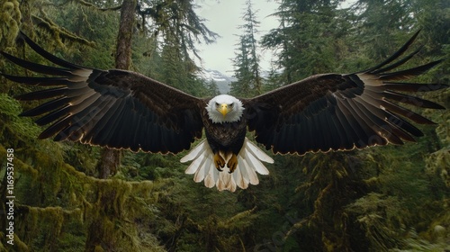 Wallpaper Mural Majestic Bald Eagle in Flight over Lush Evergreen Forest Torontodigital.ca