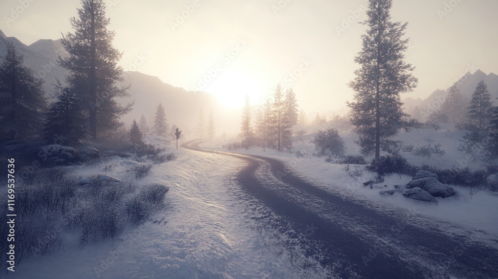 Winter Wonderland: Snow-Covered Mountain Path at Sunrise Winter Wonderland: Snow-Covered Mountain Path at Sunrise