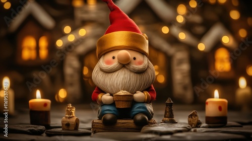 Festive gnome with red hat in cozy candlelit setting Curmudgeons Day photo