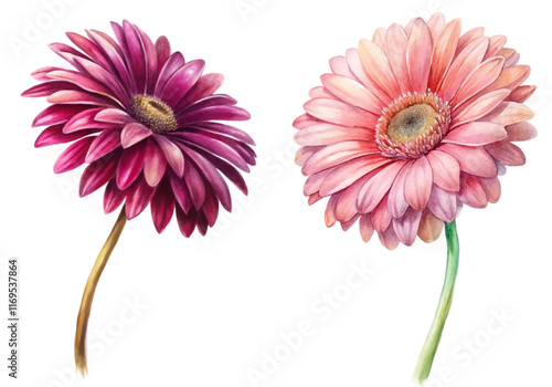 Valokuvatapetti Vibrant watercolor flowers, pink and purple gerbera daisies, botanical illustration, floral art, nature-inspired decor