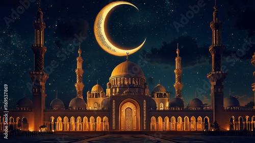 Wallpaper Mural The image is a digital illustration depicting a stylized rendering of a grand mosque, possibly in Dubai, under a luminous crescent moon at night. Torontodigital.ca