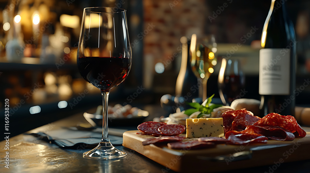 A glass of red wine is on a wooden table with a plate of food. generated using AI A glass of red wine is on a wooden table with a plate of food. generated using AI