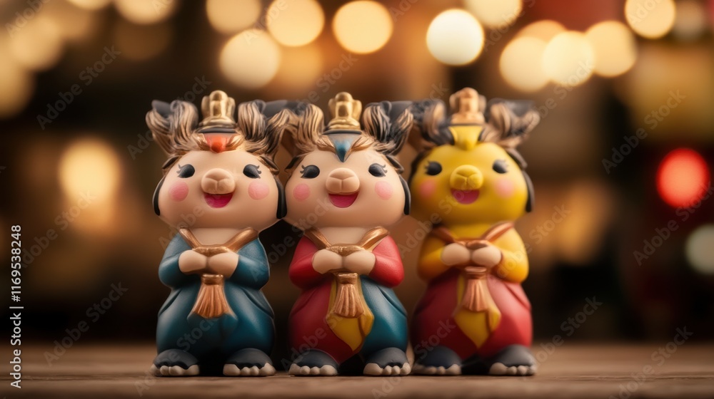 Fototapeta premium Three cute animal figurines with bright costumes and festive background Chinese New Year