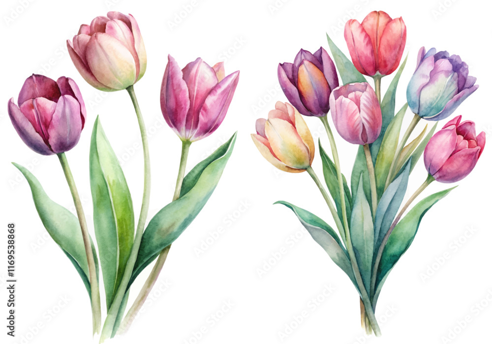 Fototapeta premium Colorful watercolor tulips, vibrant floral arrangement, botanical illustration, spring flowers, nature-inspired art.
