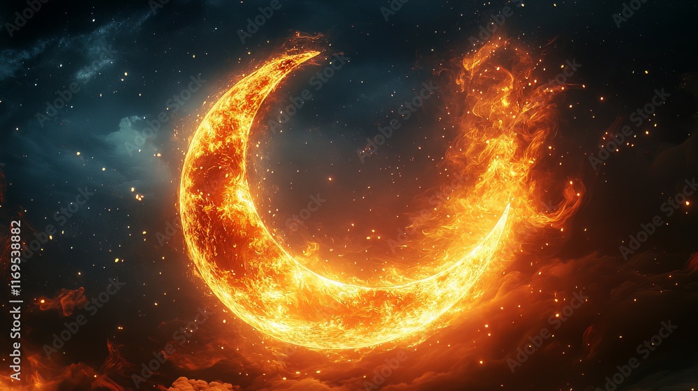 The image is a digital illustration depicting a crescent moon engulfed in vibrant, intense flames. The flames are highly detailed, showcasing a range
