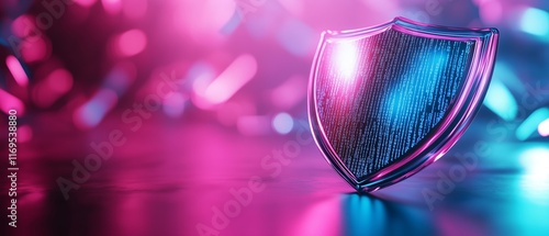 A shield with binary code glowing pink and blue lighting, digital protection.