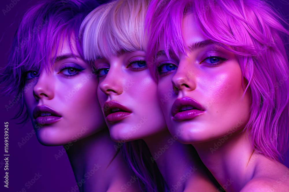 Obraz premium Three women with pink hair and blue eyes in a purple background