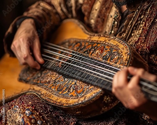 Close-up of hands playing an ornate, antique stringed instrument. photo