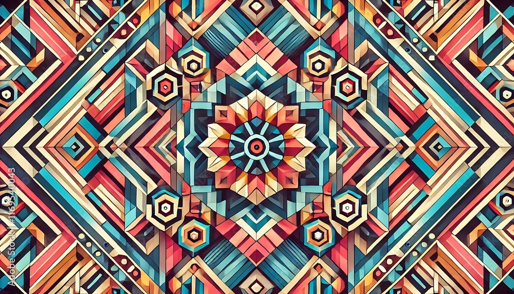 Geometric kaleidoscope patterns in vibrant multi-colors with dynamic symmetry created using generative AI for banners Geometric kaleidoscope patterns in vibrant multi-colors with dynamic symmetry created using generative AI for banners