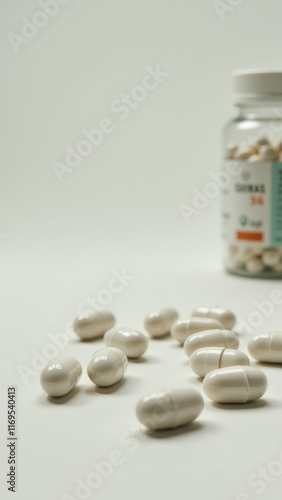 Magnesium Glycinate capsules on a grey surface with one open to show content. photo