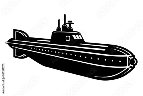 Detailed Black and White Submarine Vector Illustration