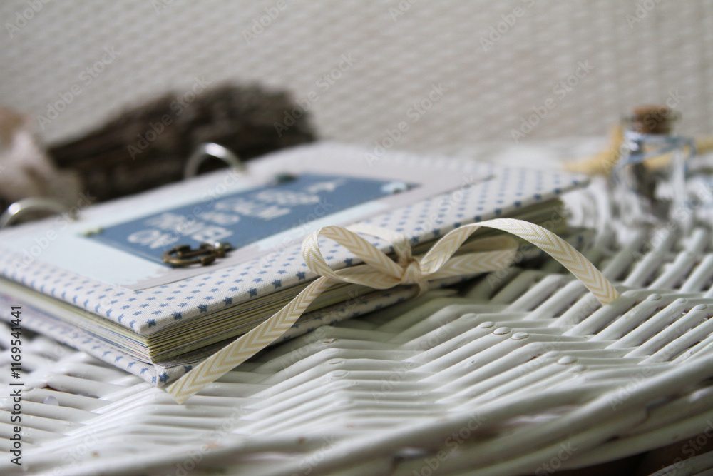 Scrapbooking handmade textile photo album, selective focus Scrapbooking handmade textile photo album, selective focus