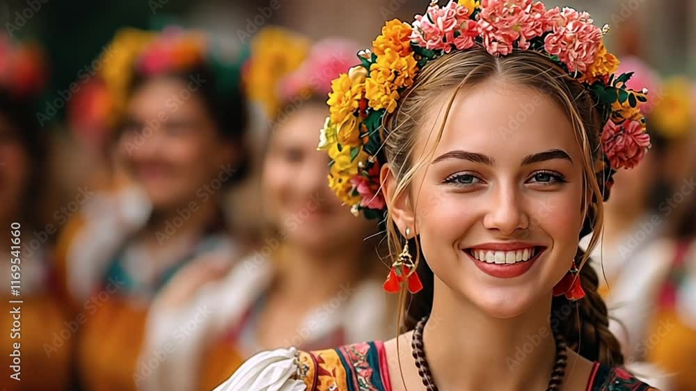 This joyful young woman in colorful attire celebrates a festival with friends. This joyful young woman in colorful attire celebrates a festival with friends.