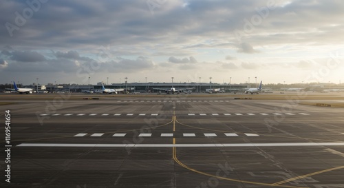 Airport landing track at sunrise view, Aerial top view of old and new landing strips for planes and helicopters near by houses. airstrips, airport runway,

 photo