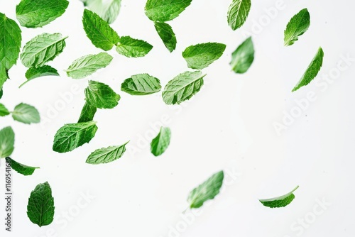 Falling spearmint leaves isolated on white background