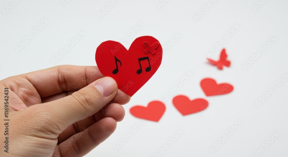 A hand holding a small red heart-shaped paper on a white background adorned with one small butterfly at the corner indicating a message of love and appreciation for valentine day A hand holding a small red heart-shaped paper on a white background adorned with one small butterfly at the corner indicating a message of love and appreciation for valentine day