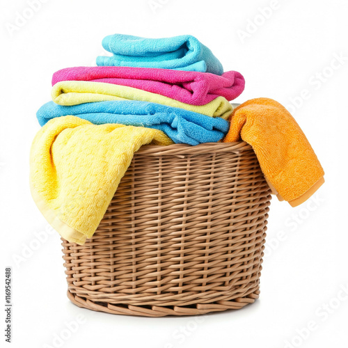 colorful towels in wicker basket on white background