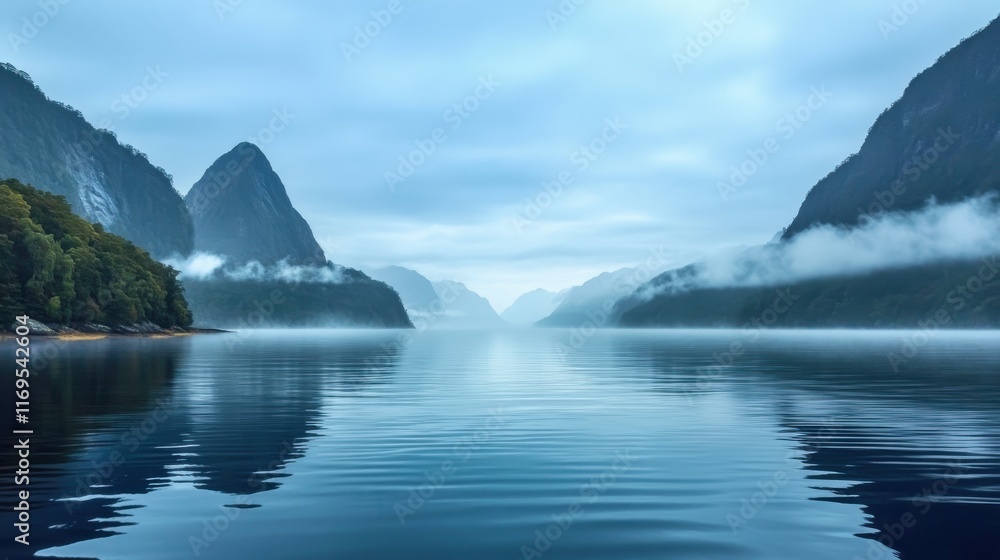 Fototapeta premium Milford sound reflecting in calm water with misty mountains at dawn