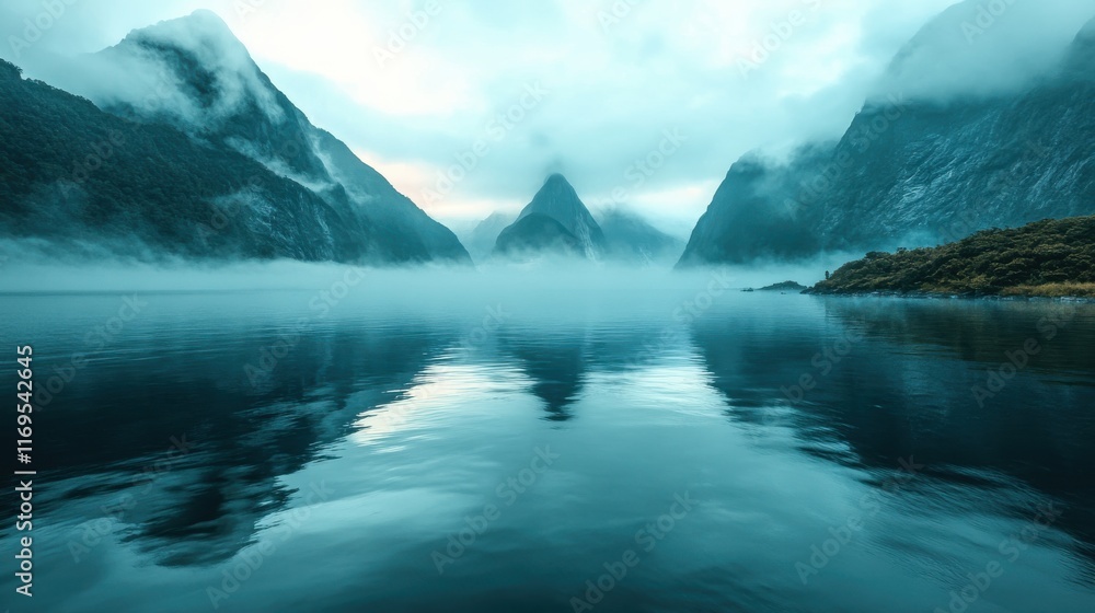 Fototapeta premium Misty milford sound reflecting in calm water at dawn