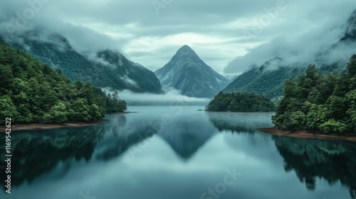 Milford sound reflecting in calm water with misty clouds in fiordland national park