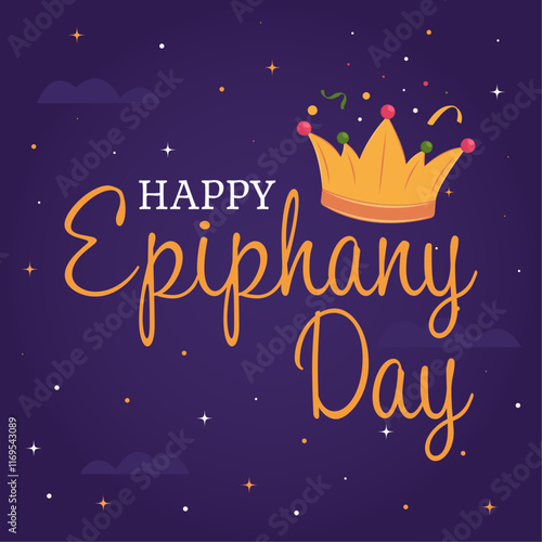Happy epiphany day greeting card, poster, promotion banner. January 6th spiritual festival celebration. Christian feast day. Vector illustration.