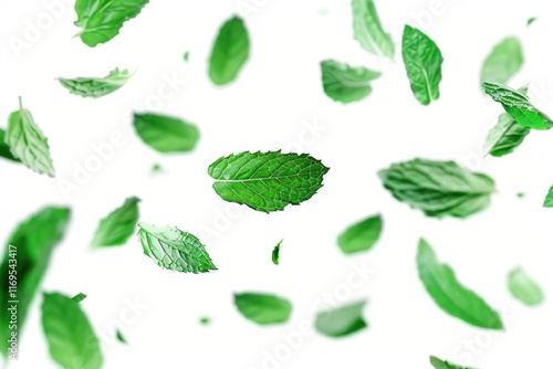 Flying mint leaves over white background