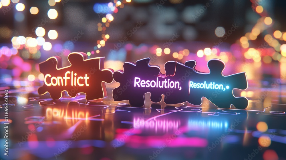 Conflict resolution concept with colorful puzzle pieces and bokeh lights for team building posters,National Puzzle Day Conflict resolution concept with colorful puzzle pieces and bokeh lights for team building posters,National Puzzle Day