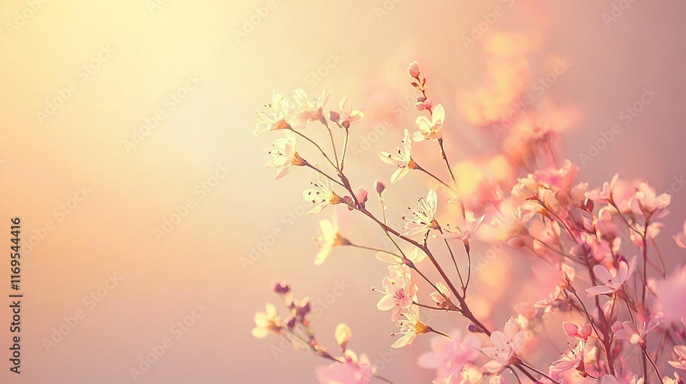 A sharp focus on a bouquet of flowers on a tree limb, with a softly blurred pastel backdrop of pink and yellow hues A sharp focus on a bouquet of flowers on a tree limb, with a softly blurred pastel backdrop of pink and yellow hues