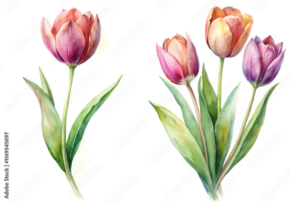 Fototapeta premium Watercolor tulips, vibrant floral arrangement, delicate petals, green leaves, botanical illustration, spring decor, nature art.