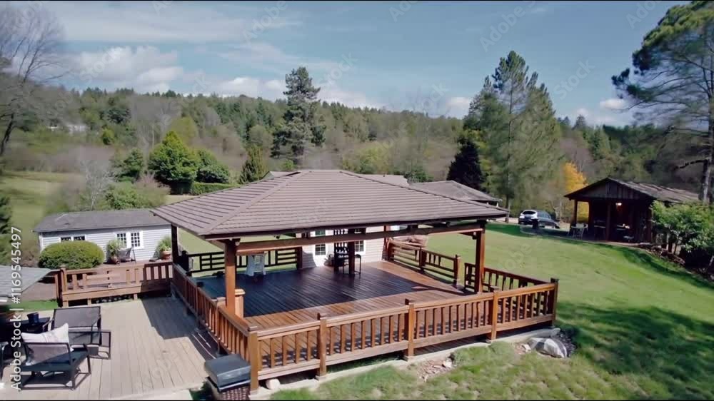 Spacious backyard with wooden deck, pergola, and cozy patio. Spacious backyard with wooden deck, pergola, and cozy patio.