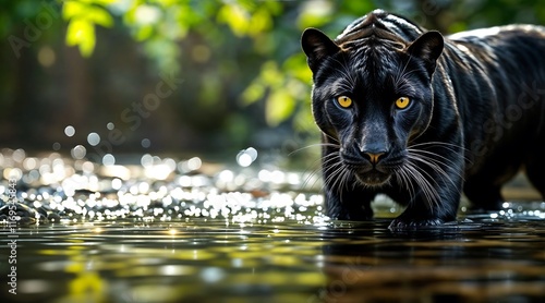 Majestic Black Panther in Jungle Stream and Dark Backdrop, Power and Wildlife