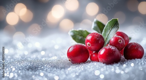 Fresh cranberries arranged on a sparkly surface with soft bokeh background for seasonal decor photo