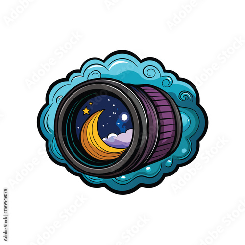 A camera lens capturing images of dreams escaping, with a crescent moon, stars, and clouds in the lens.