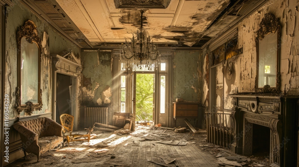 Gloomy Abandoned Parlor: Eerie Interior with Forgotten Fireplace and Peeling Paint Gloomy Abandoned Parlor: Eerie Interior with Forgotten Fireplace and Peeling Paint